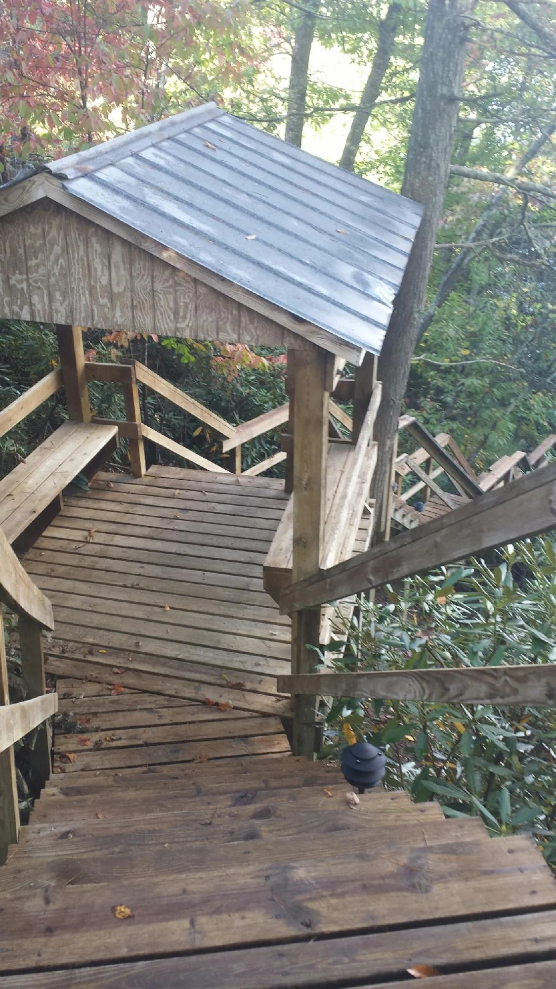 Metal roofed shelter over wooden steps on a wooded walkway — Skylight Repair & Installation work by our crew in Monterey